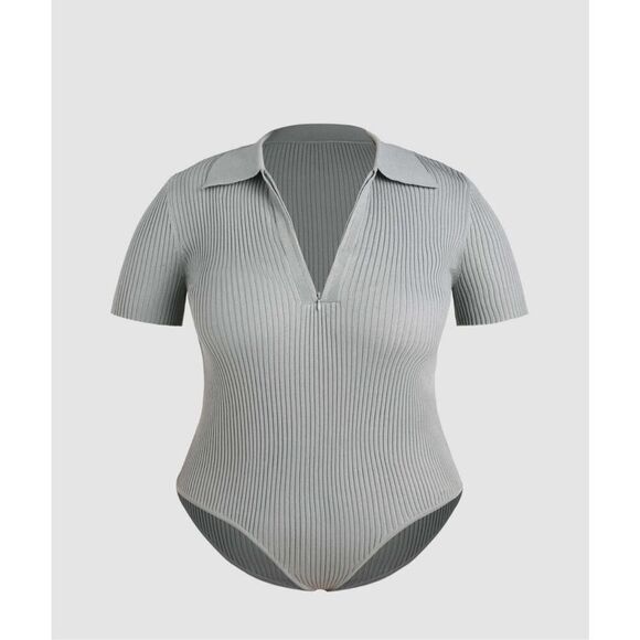 Cider Womens Plus Size 4XL Gray Ribbed Collar Knitted Bodysuit Stretch Top New - Picture 13 of 14